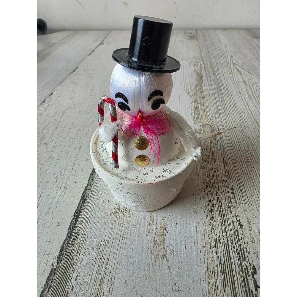 Vintage putz candy paper Japan snowman candy container spun glass chenille top